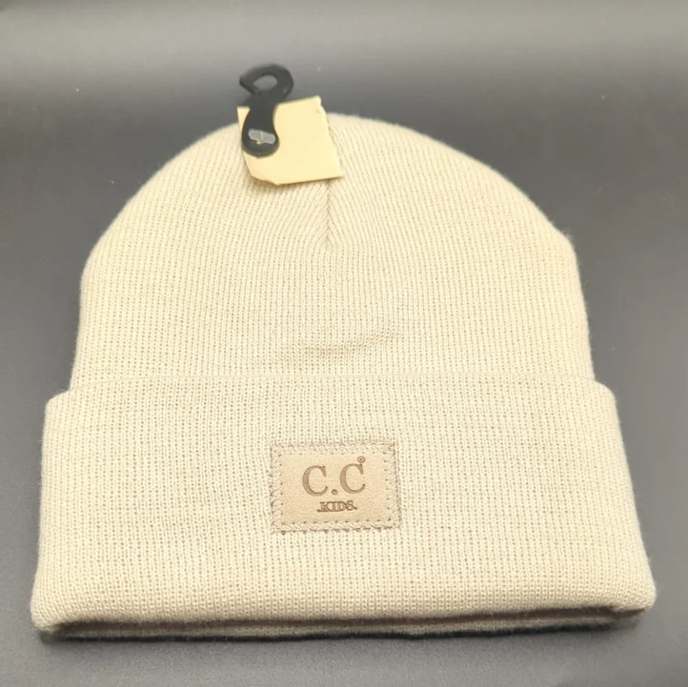 C.C Kids Winter Warm Classic Beige Rib Beanie Hat with C.C Suede Patch